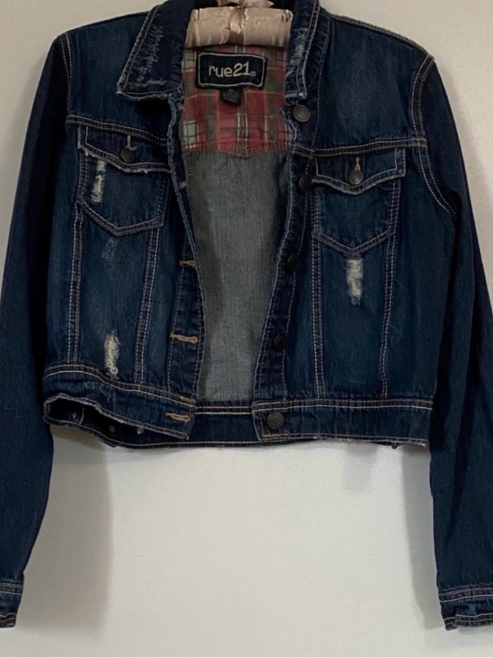 Rue21 Dark Blue Distressed Cropped Denim Jacket